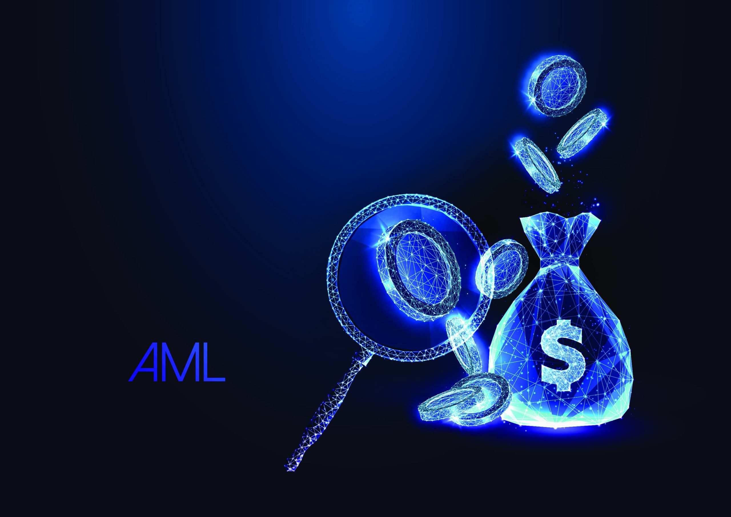 反洗錢（AML）概念圖：數位貨幣透過放大鏡檢視並導向美元錢袋，象徵加密貨幣監控與資金追蹤。