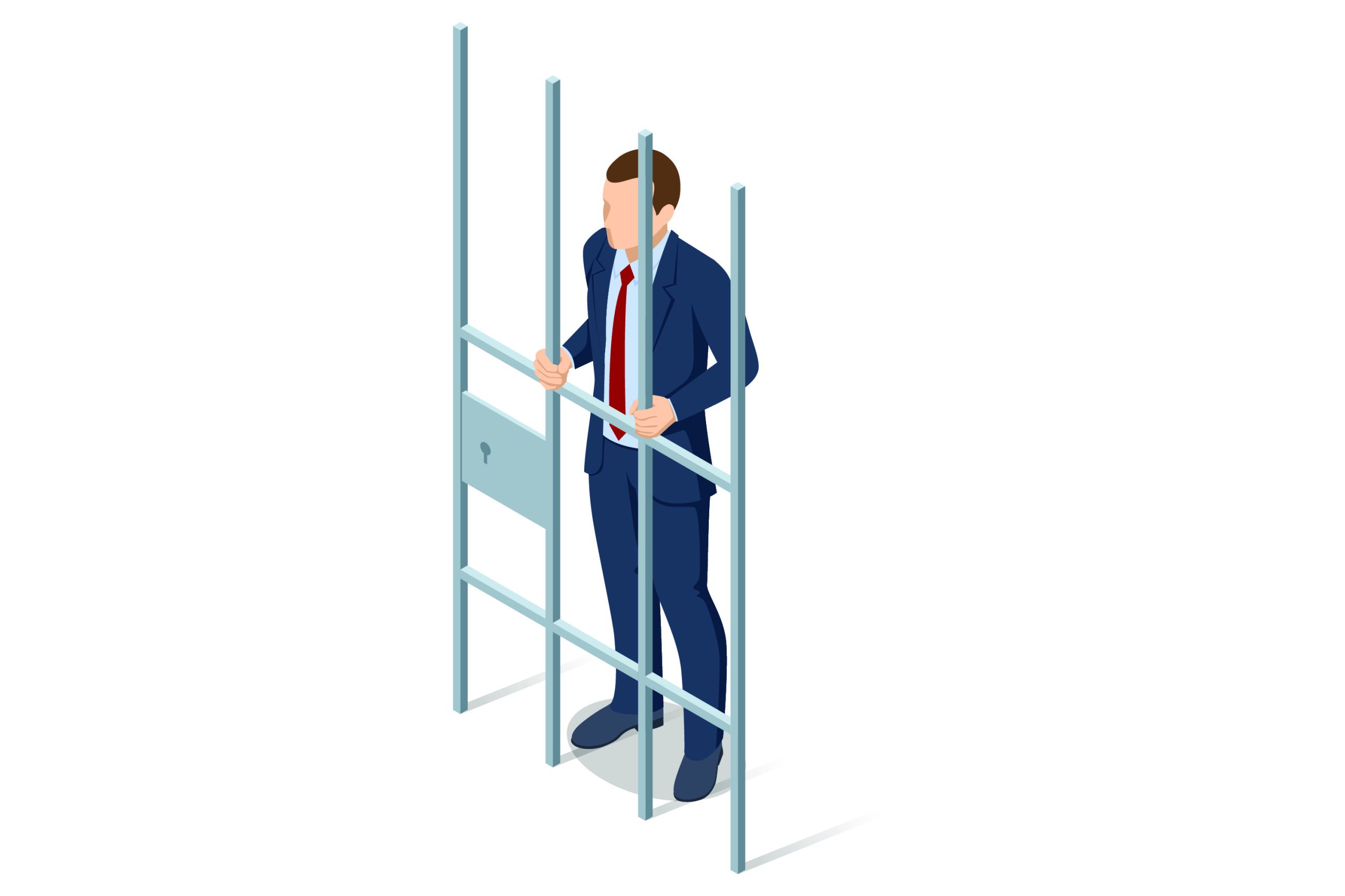 一位穿著西裝的男子站在牢籠中，象徵因違法行為而被判刑入獄。